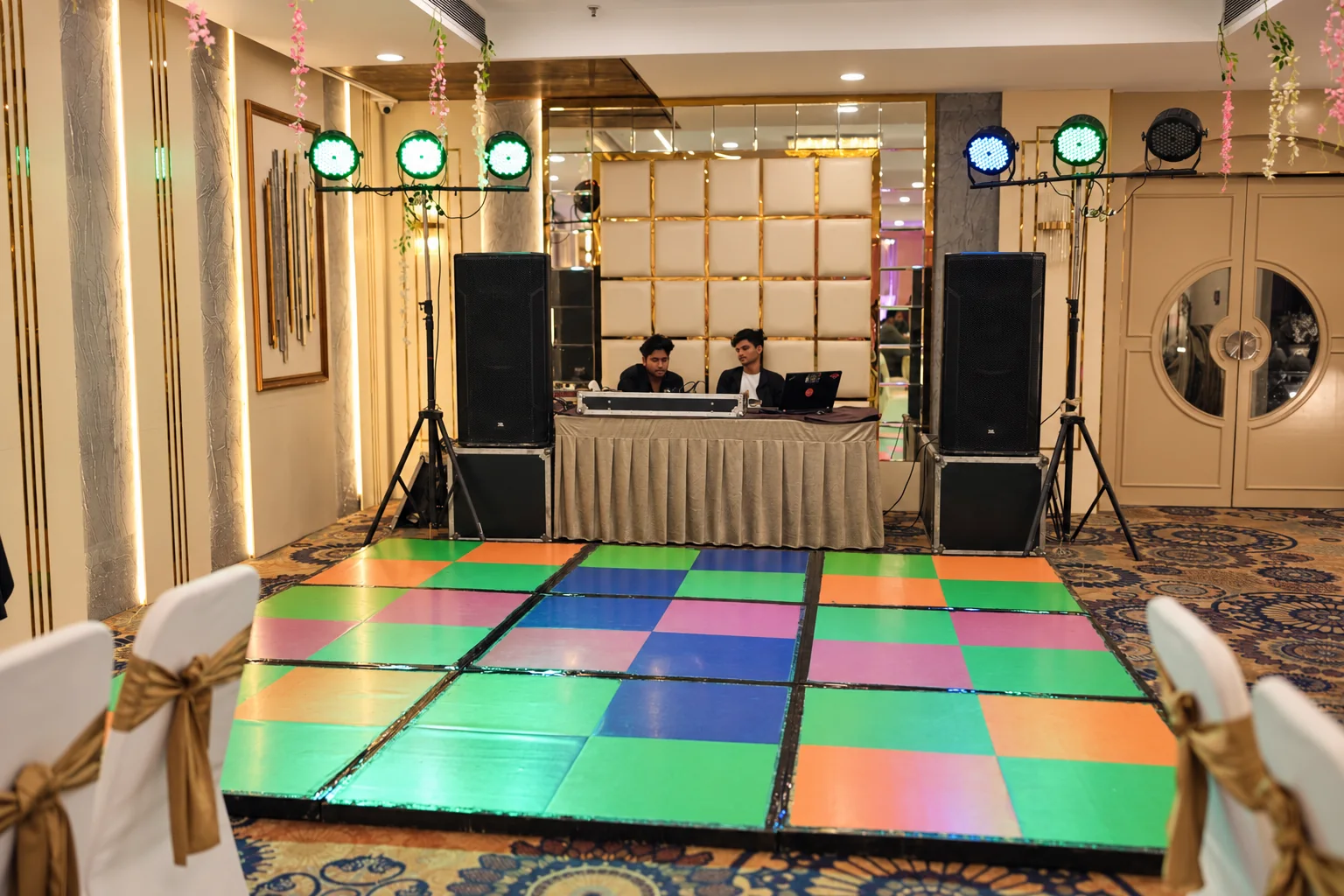 DJ and dance floor at Hotel Ranbirs banquet hall