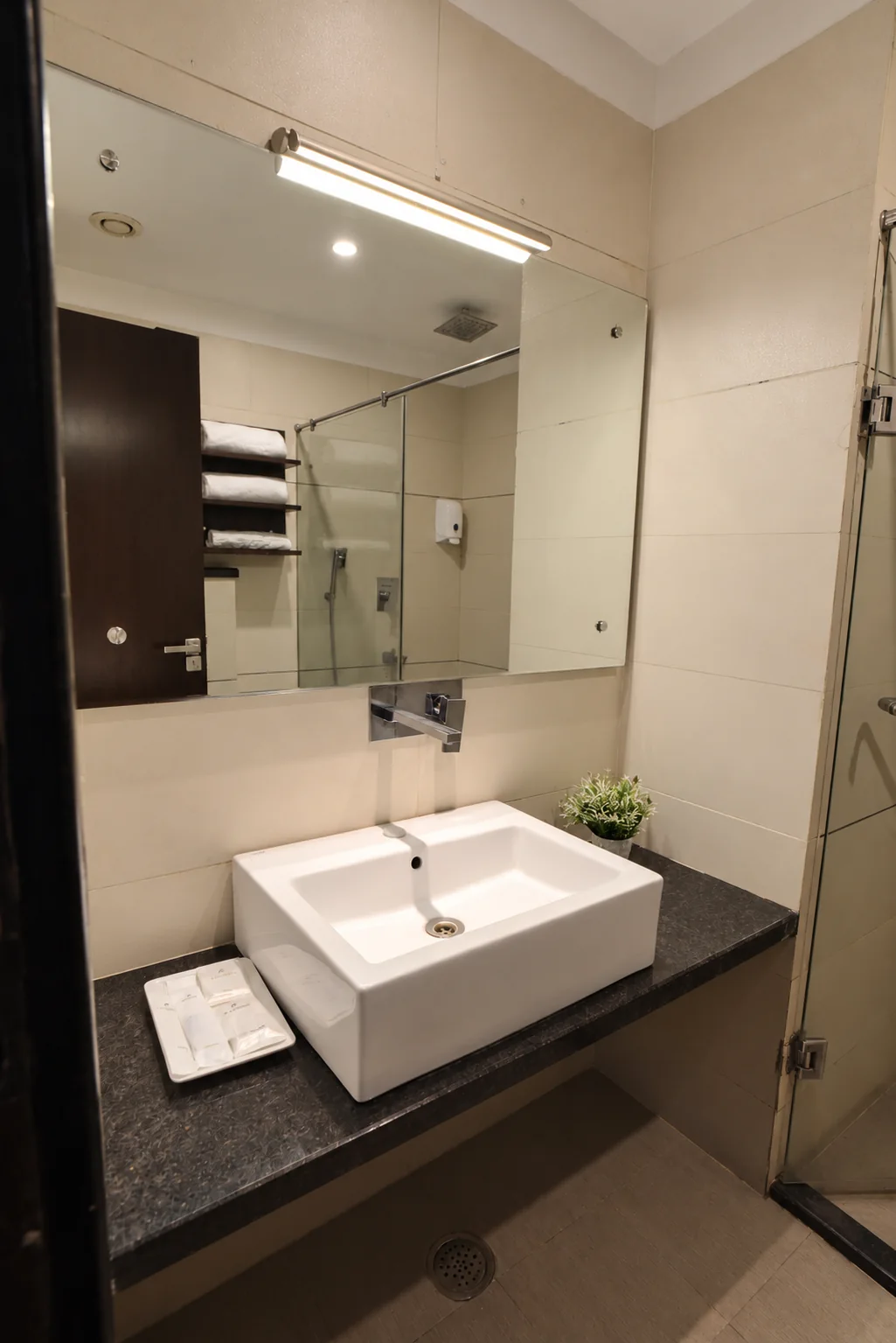 Guest bathroom vanity and mirror at Hotel Ranbirs